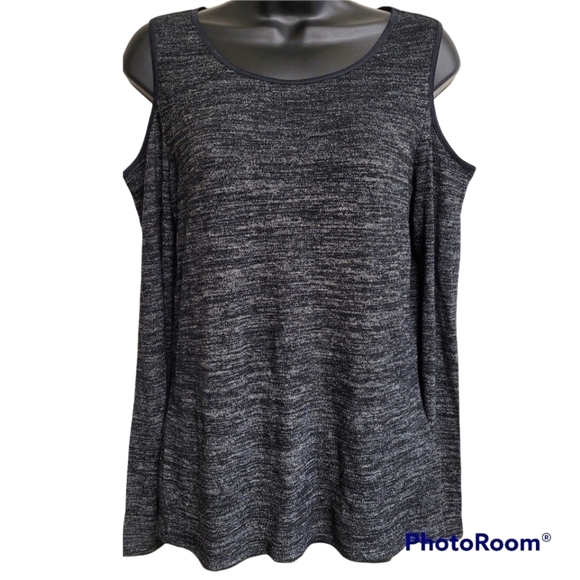 Calvin Klein Black Speckled Long Sleeve Cold Shoulder Top - Picture 1 of 8